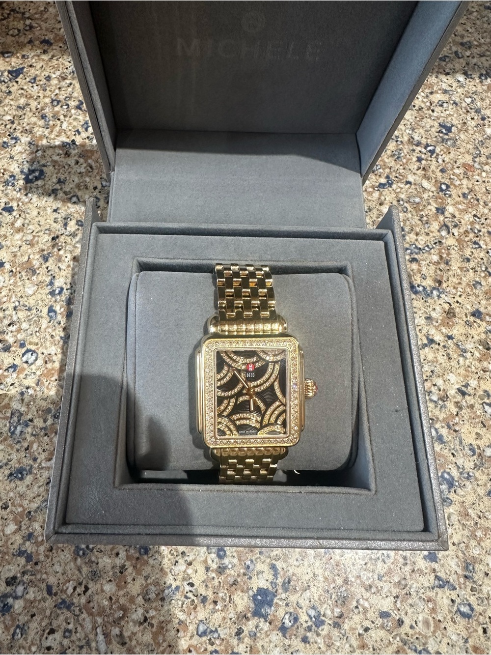 Michele Gold Crystal-Accented Square Bracelet Watch with Black Dial